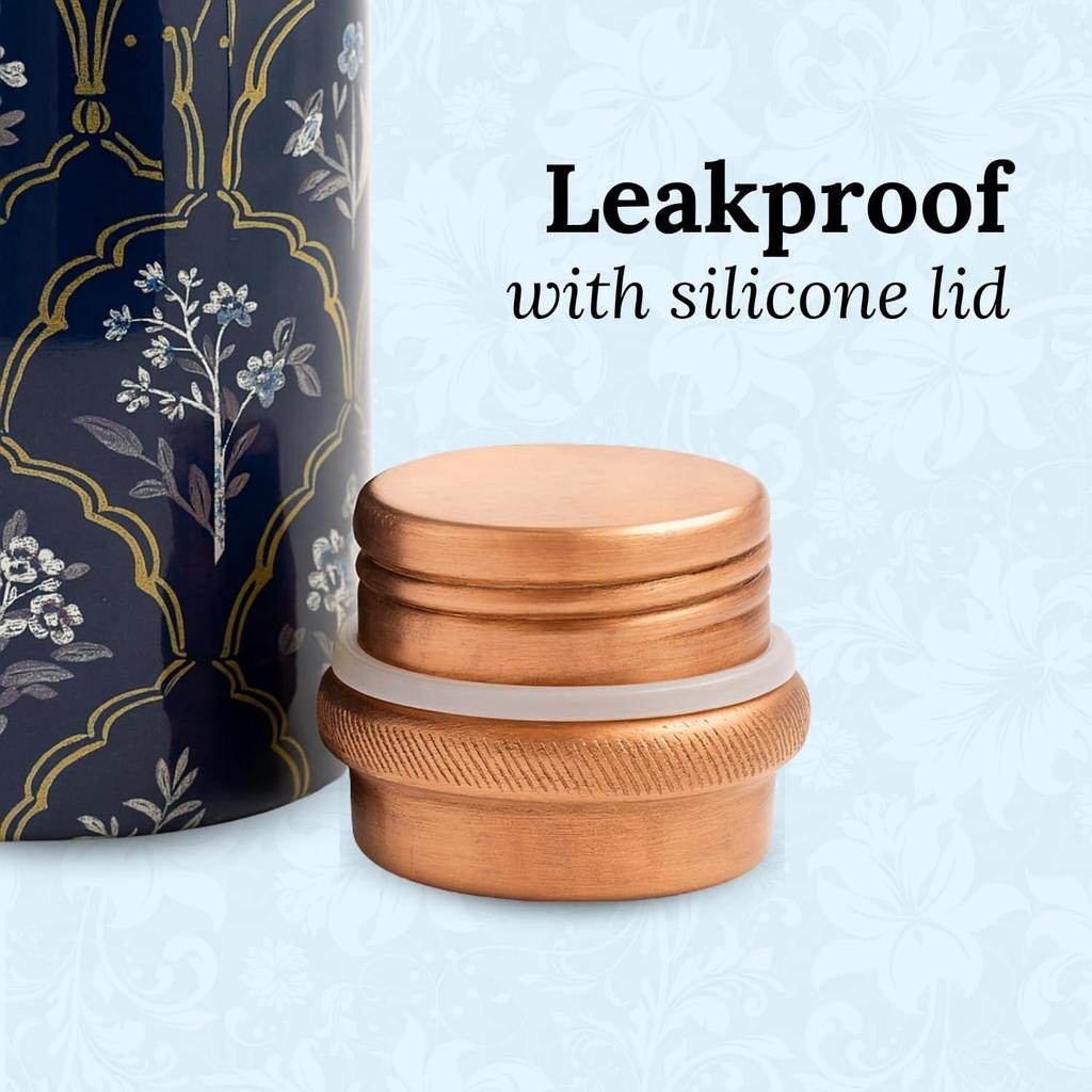 Pure Copper Water Bottle (1 Litre), Leakproof Protection, Pure Copper Water Bottle, Tamba, Yoga Health Benefits, Authentic, Durable (Blue Floral)