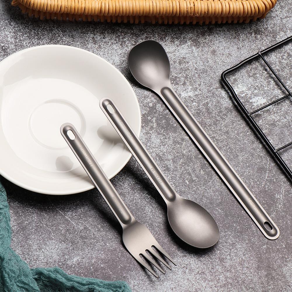 Pure EDC Camping Tool Long Handle Spoon Titanium Cookware Cutlery Fork Outdoor Picnic Accessories