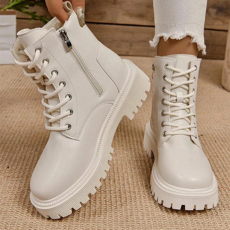 Winter 2026 Lace Up Pu Leather Motorcycle Woman Plus Size Short Booties Shoes Thick Warm Long Plush Ankle Boots for Women