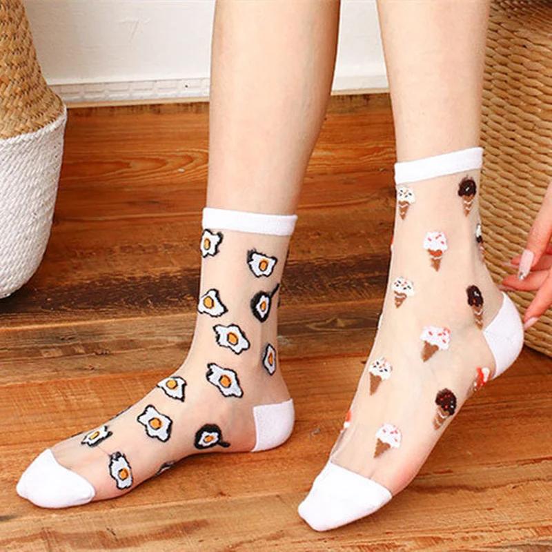 Summer Women Socks Ultra-thin Transparent Crystal Silk Socks Women Cartoon Print Japanese Kawaii Cute Funny Elastic Long Socks