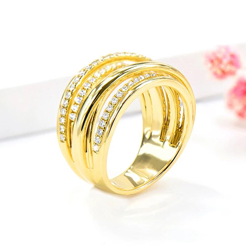 Huitan Gold Color Cross Rings Gorgeous Women Wedding Band Accessories Multi-Layer Shiny Cubic Zirconia Fashion Jewelry for Party