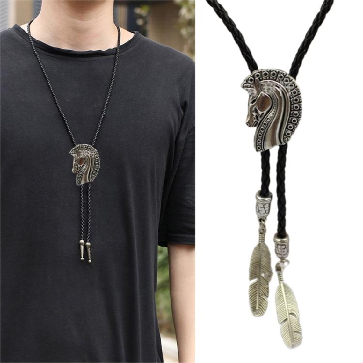 Elegant Black Bolo Tie with Horse Head Pendant Cowboy Necktie Western Tie
