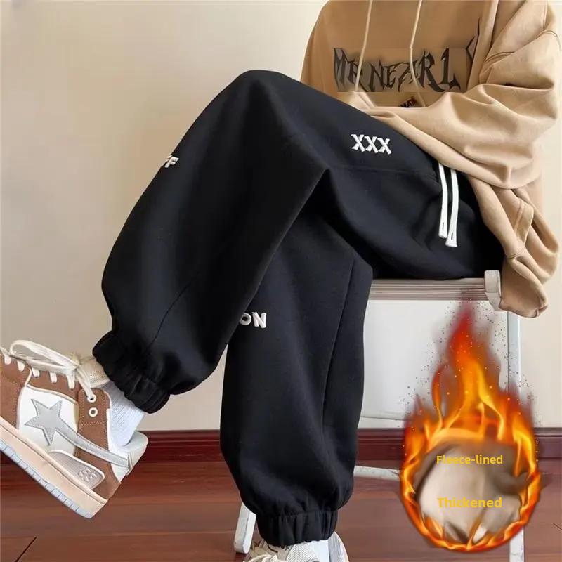Men's Hong Kong Style Embroidered Velvet Sweatpants: Loose-Fit Casual Pants for Autumn/Winter Fashion Trend.
