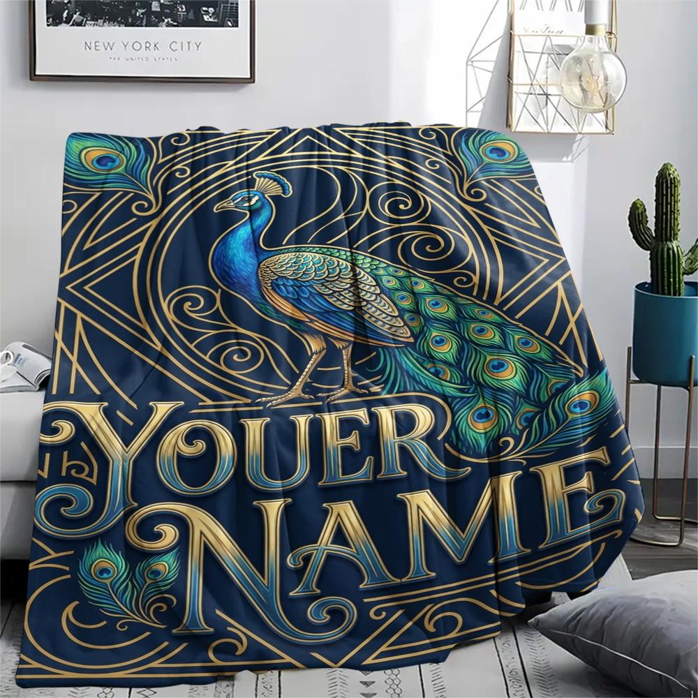 1PC Custom Name Peacock Forest Patterned Flannel Blanket Suitable For All Seasons for Home Decor Warmth and Comfort Gifts Holiday Present_lx