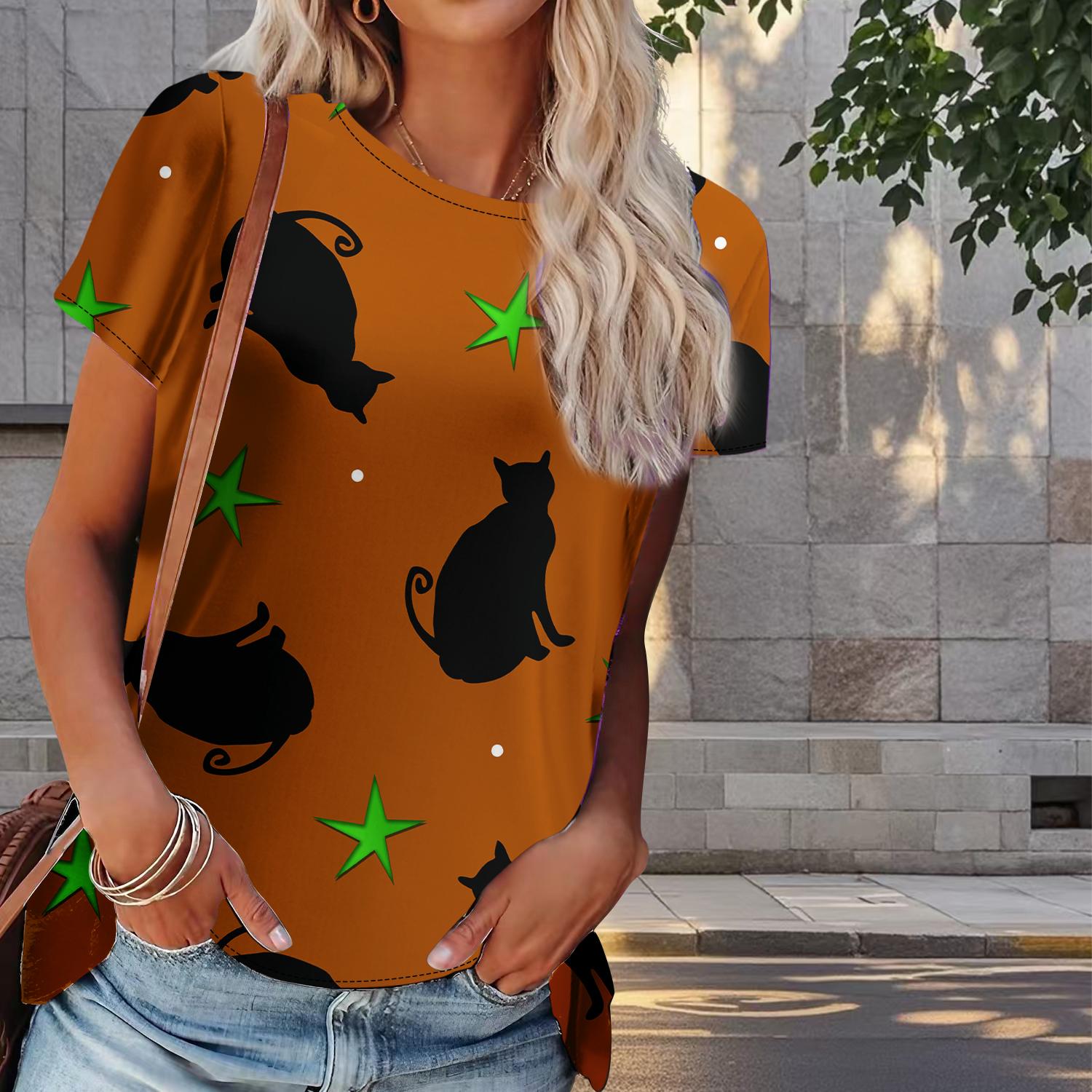 

Женская летняя футболка с принтом черного кота в стиле ретро, футболки с коротким рукавом, повседневные топы с принтом 8XL оранжевый