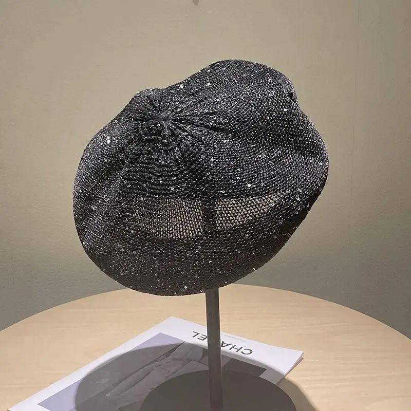 Female Silver Gold Sequins Hollowed Out Adjustable Berets Round Street Summer Breathable Style Beret Cap