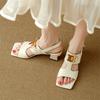Fashion New Summer Sandals Split Leather Sandals for Women Fashion Metal Decoration Square Toe Sandals Ladies High Heels Casual Shoes