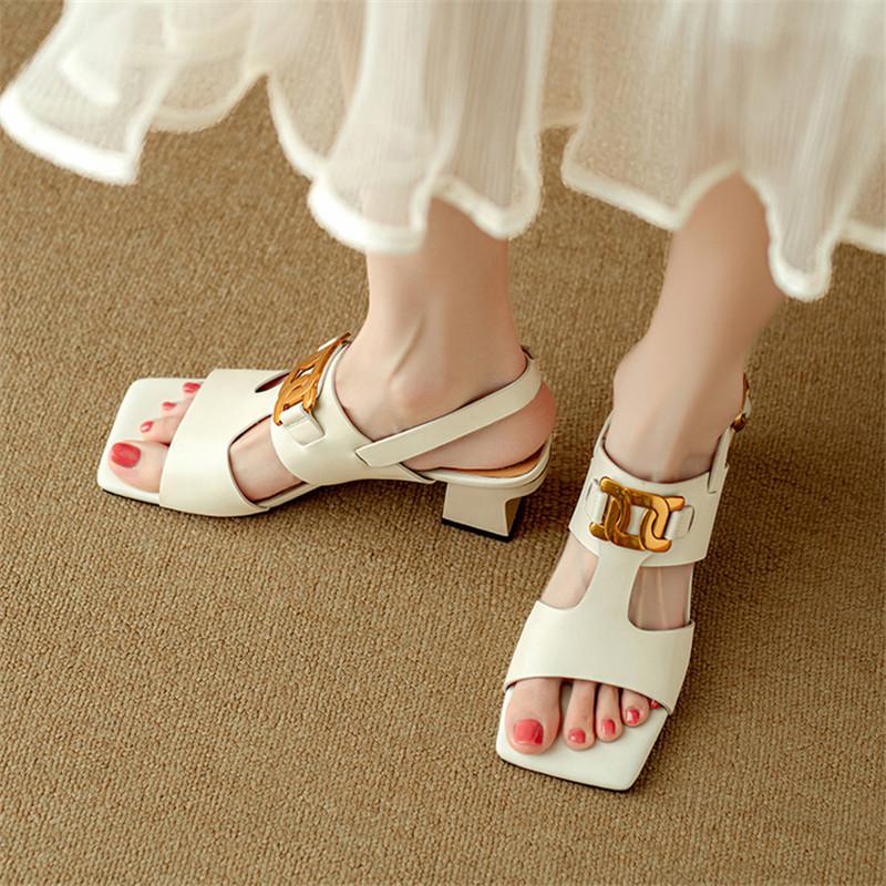 Fashion New Summer Sandals Split Leather Sandals for Women Fashion Metal Decoration Square Toe Sandals Ladies High Heels Casual Shoes