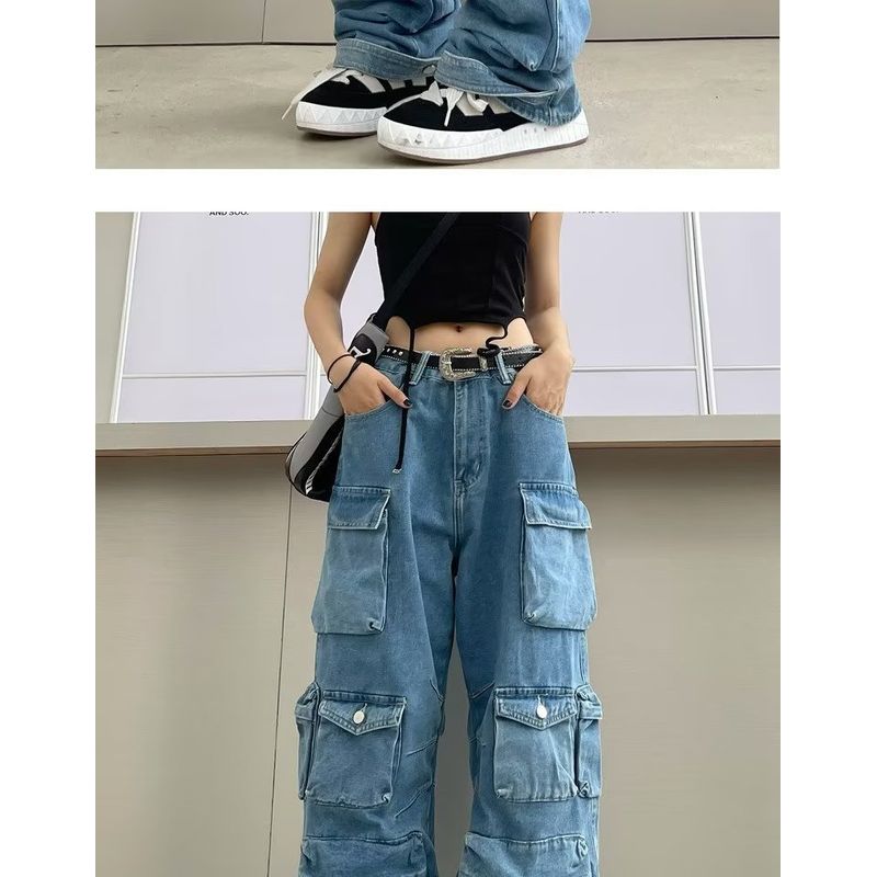 

Fashion Trendy Versatile Zipper Light Color and Water Scrubbing Jeans Blue S