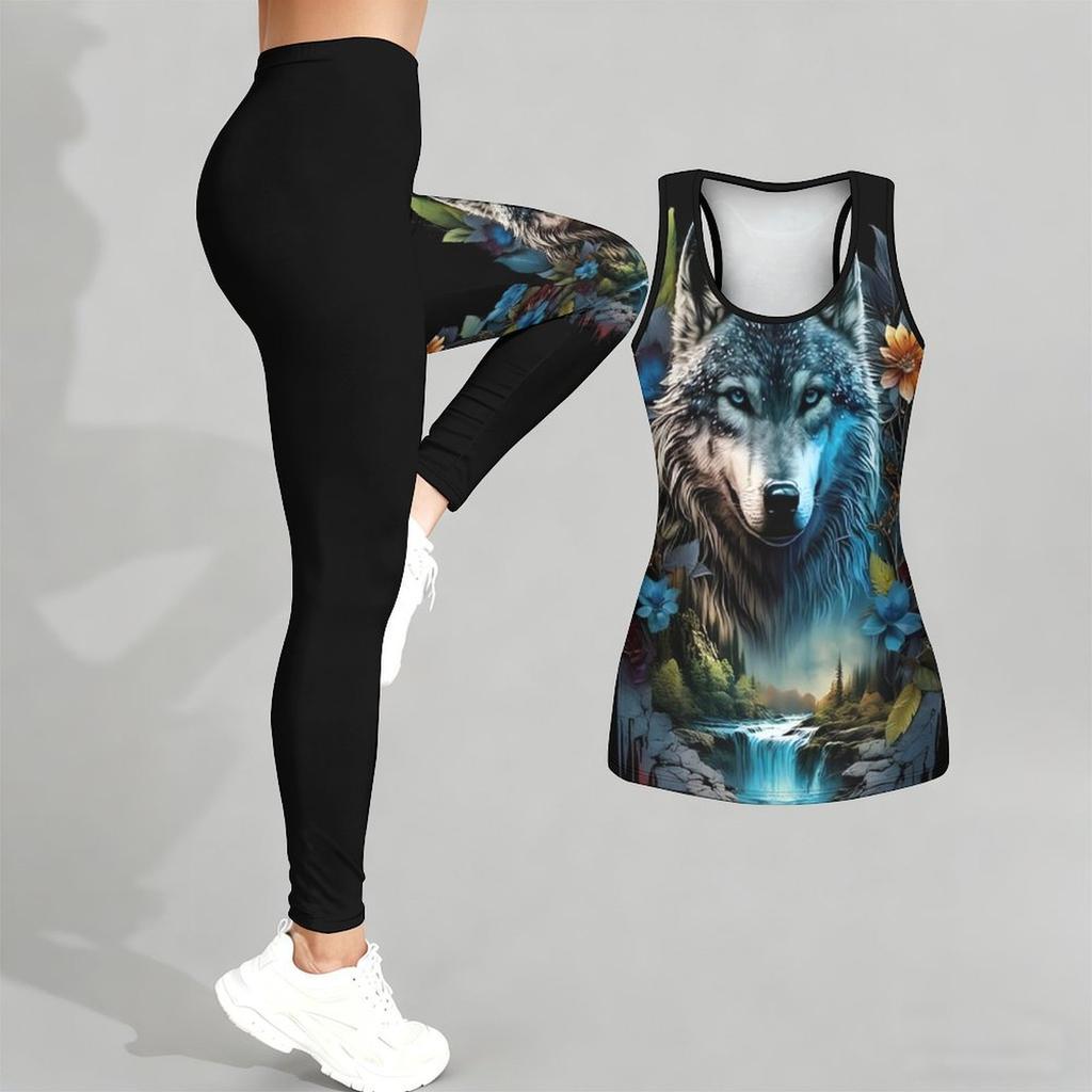 Wolf Totem Print Yoga Outfit for Women Fashion Workout Leggings Fitness Sports Casual Yoga Set Sports Suit
