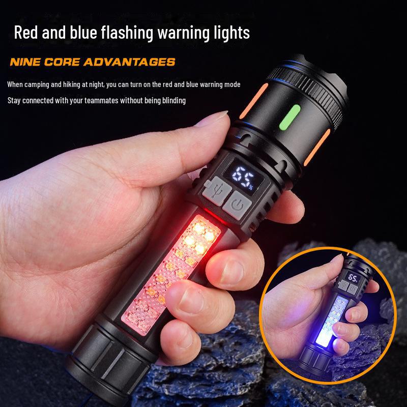 Type-C Rechargeable Flashlight with Side Light & COB Warning for Outdoor Use