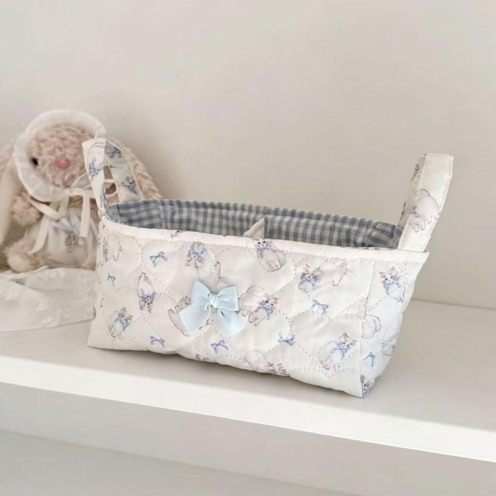 Cotton Small Quilted Storage Basket Folding Floral Bow Storage Basket  Dresser