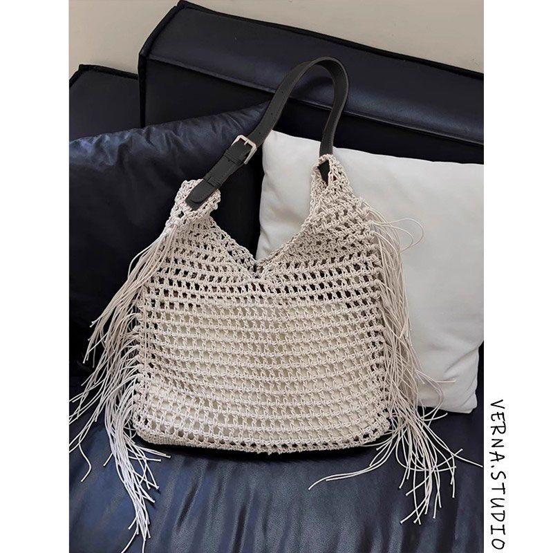 

Ленивая Свободная Пляжная Сумка с Кисточками на Одно Плечо Женская 2025 Новая Праздничная Большой Вместимости Вырез Хлопковая Нить Плетеная Сумка Beige (black shoulder strap)