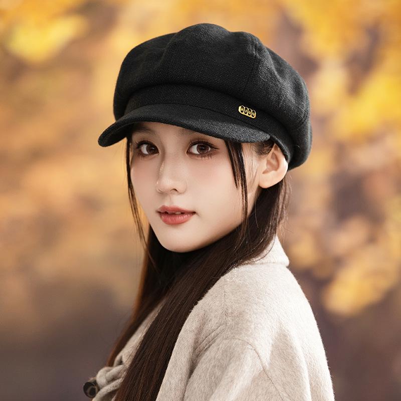 Flattening Cap Women, Beret Newsboy Hat for Small Face, British Style Autumn Winter Octagonal Hat