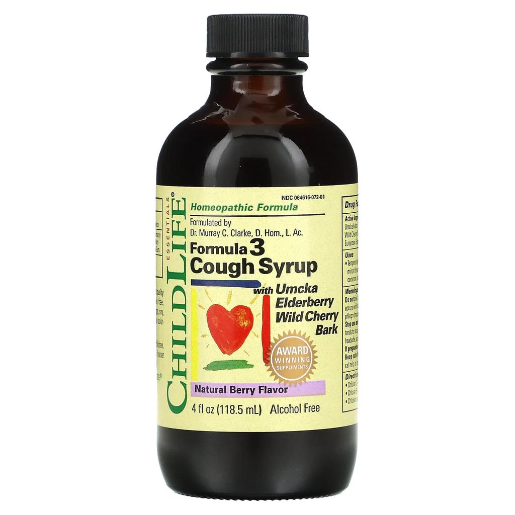 ChildLife Essentials Essentials, Formula 3 Cough Syrup, Alcohol-Free, Natural Berry Flavor, 4 Fl Oz (118.5 Ml)