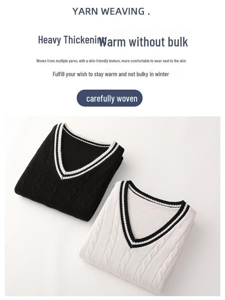 Men's College-Style 100% Wool Knitted Vest, Autumn/Winter Cable Knit, Contrasting Colors, Thickened Sleeveless Design