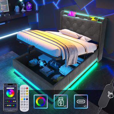 Flieks Lit rembourré hydraulique 90x200cm avec USB, Type-C et LED, Lin, Gris