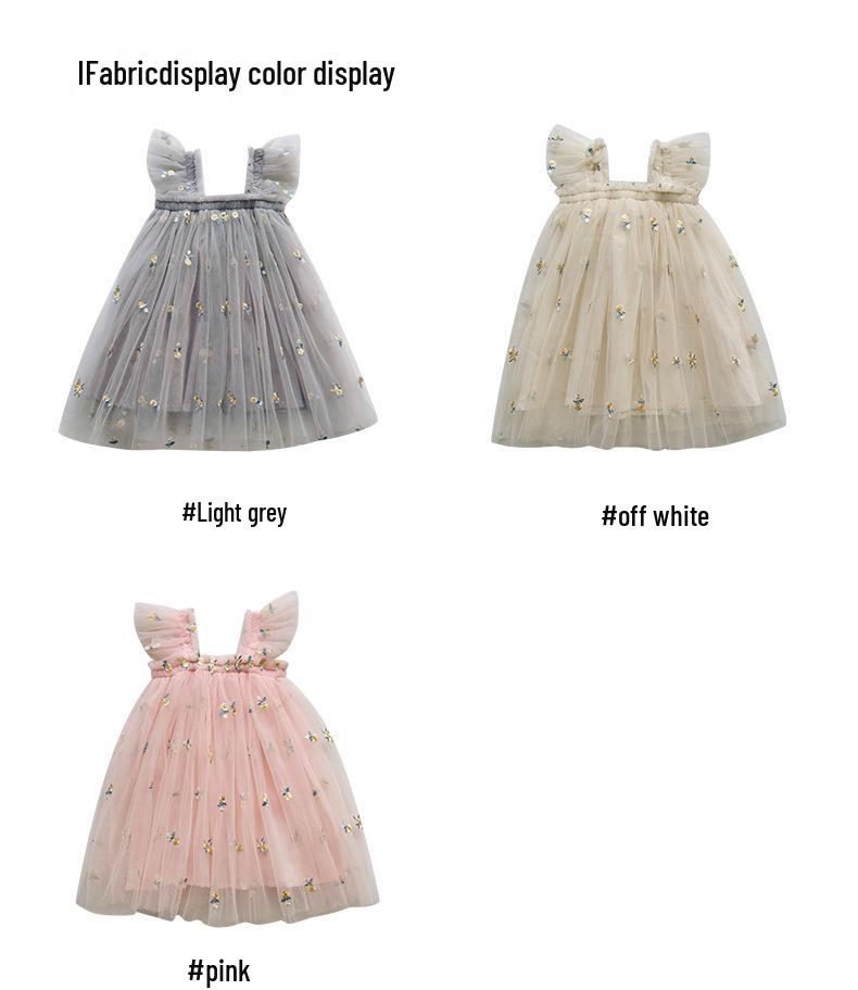 Girls' Flower Embroidered Tulle Dress: Summer Style with Puff Sleeves and Net Yarn Skirt