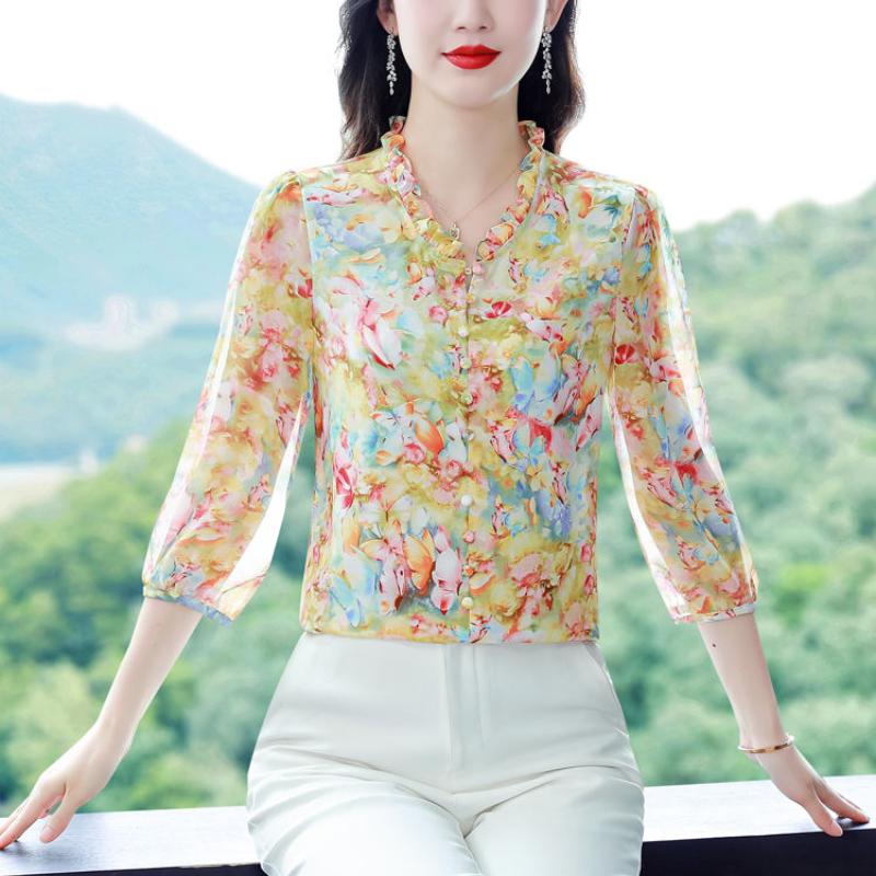 Camicia Estiva Donna Con Stampa Floreale, Scollo A V, Maniche Corte, Leggera, Taglie S-XXL