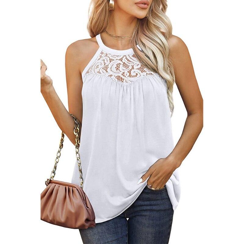 Summer Fashion Lace Sleeveless Blouse For Women Hollow Out Sexy Casual Loose Vest Shirt Halter Solid Printing Top 25193
