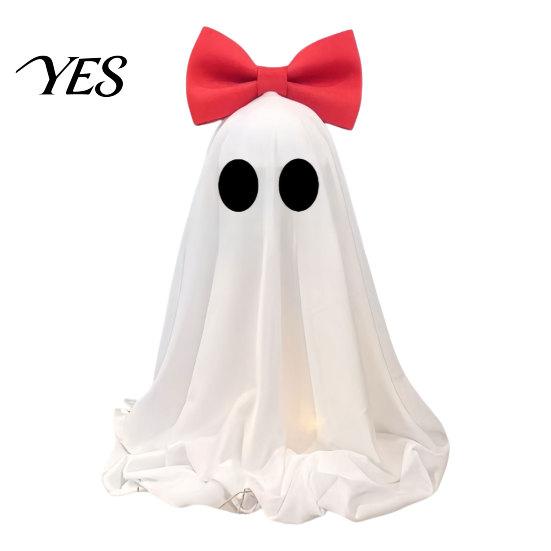 Pink Bow Ghost Decoration LED Decoration, Halloween Tabletop Ornament, Soft Girly Fabric Haunted House Decor with Warm Glow for Home Cute Ornament