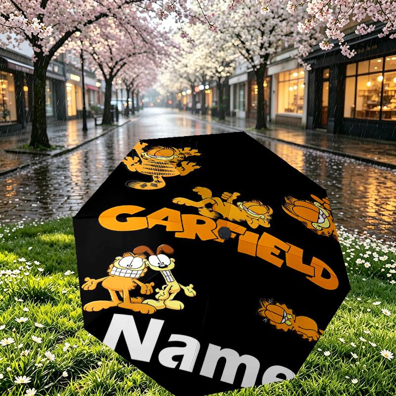 Personalisierter Garfield-Druckschirm mit individuellem Namen, Automatisches Öffnen und Schließen, Stabiler 8-Rippen-Rahmen, Für Pendeln, Camping, Wandern, Geburtstagsgeschenk
