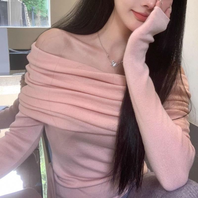 Women's Slim Fit One-Shoulder White Long-Sleeve Sweater, Elegant Pleated Spring Top