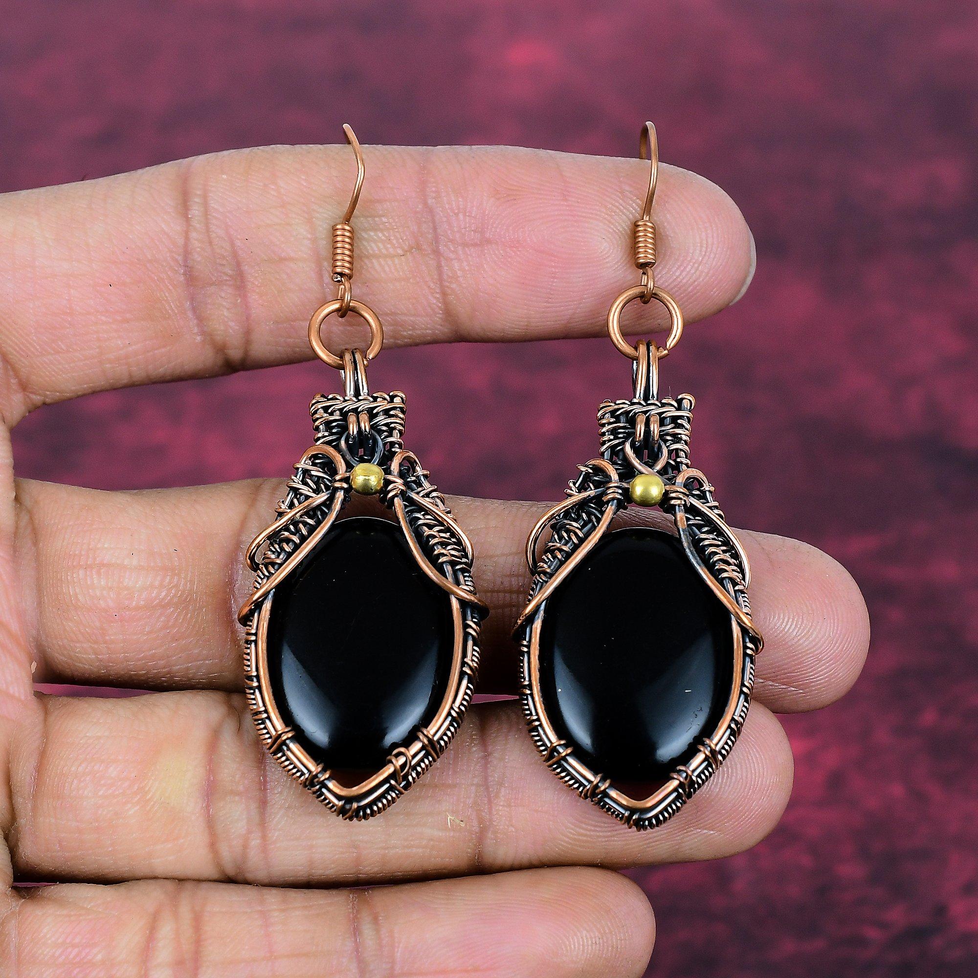 Black Onyx Gemstone Earrings Copper Wire Wrapped Jewelry Handmade Dangle Earring