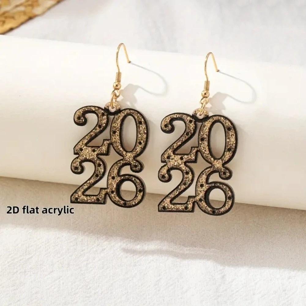 Aesthetic Happy New Year Earrings Acrylic Glitter 2026 Necklace 2026 Stud Earrings  Men/Women