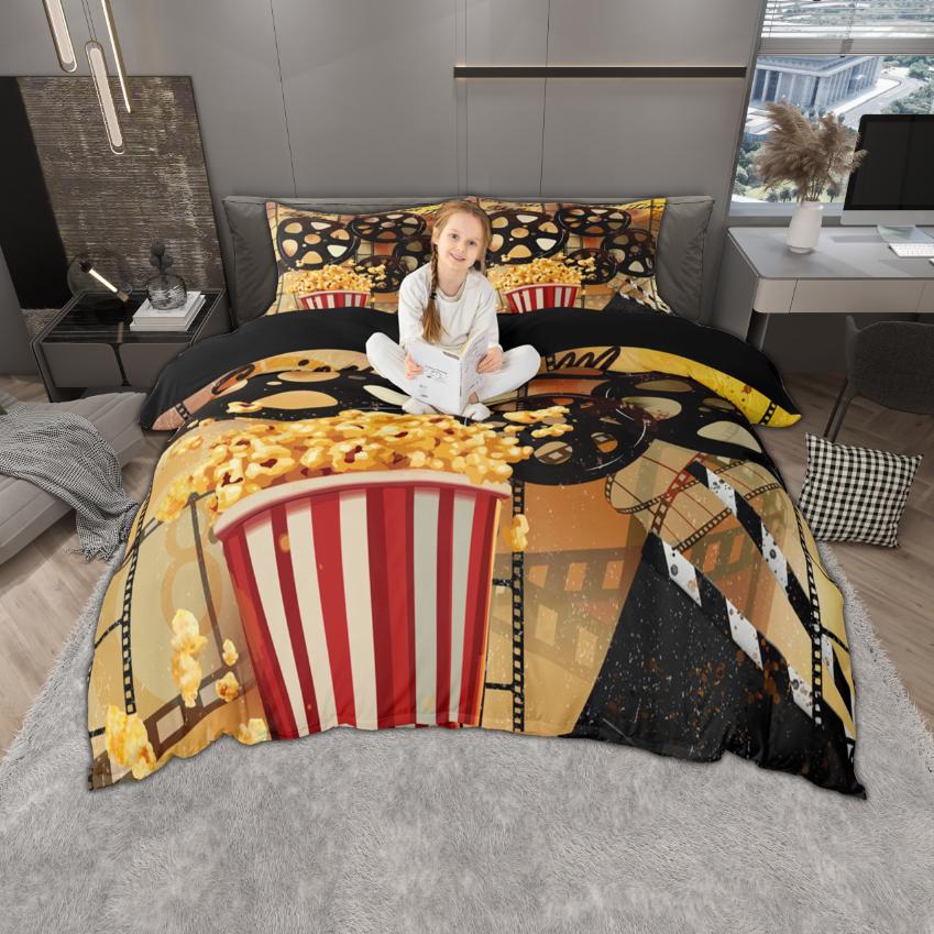 Homewish Vintage Movie Theatre Duvet Cover Set 2Pcs/3Pcs Retro Cinema Popcorn Bedding Film Theme Quilt Cover Set