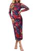 Women's Long-Sleeve Tie-Dye Pleated Cocktail Dress with Stand-Up Collar