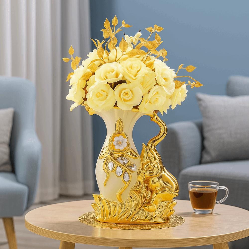 European Style Elephant Vase Modern Flower Container Flower Holder Ceramic Gold Vase  Dining Table