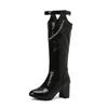 FOREADA Women Knee High Boots Round Toe Chunky High Heels Chain Buckle Zipper Long Boots Ladies Fashion Shoes Autumn Winter 46