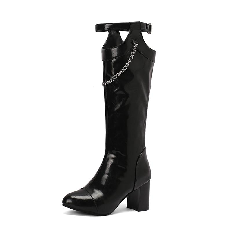 FOREADA Women Knee High Boots Round Toe Chunky High Heels Chain Buckle Zipper Long Boots Ladies Fashion Shoes Autumn Winter 46