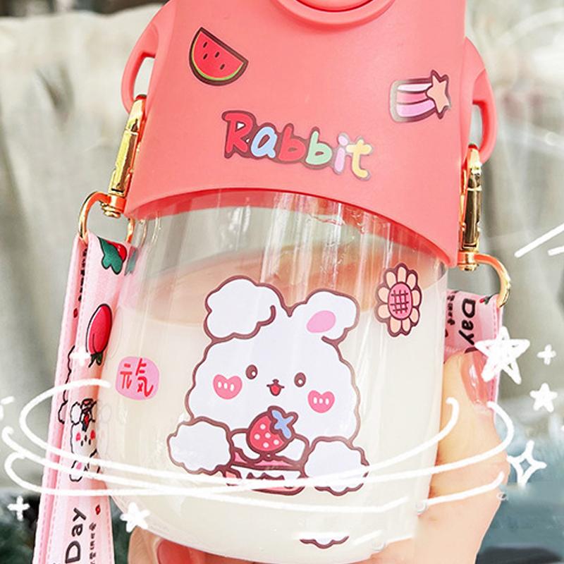 Straw Cup PC PP Silicone 600ml Capacity Cute Style Portable Straw Bottle for School Office Home Pink