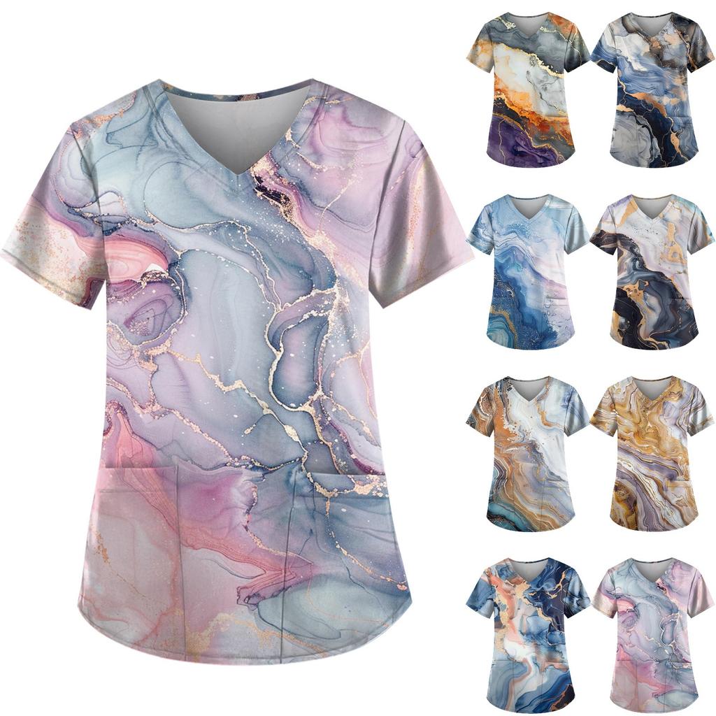 Modische Arbeitskleidung für Damen mit V-Ausschnitt, kurzen Ärmeln und bedruckten Taschen