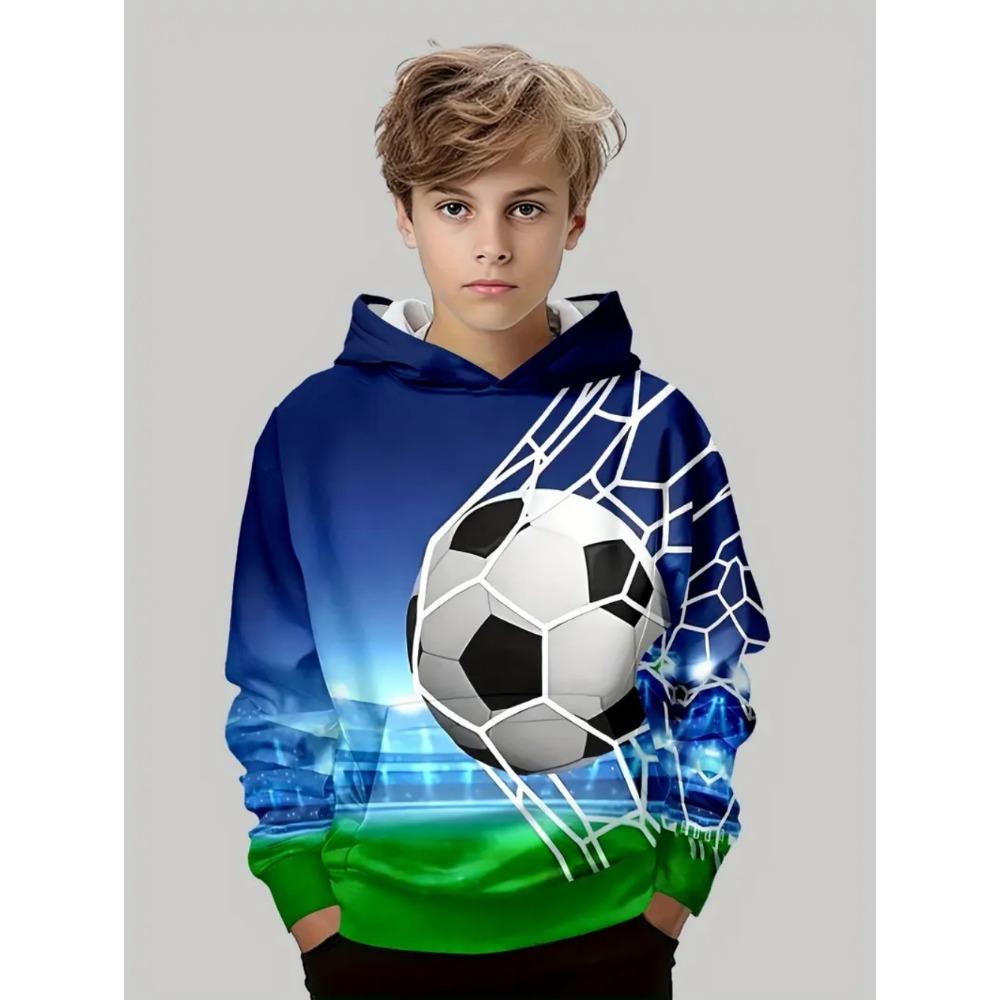 Boys' 3D Soccer Ball Harajuku Print Hoodie Casual Polyester Long Sleeve, Slight Stretch, Hooded Outdoors Sweatshirt for Running