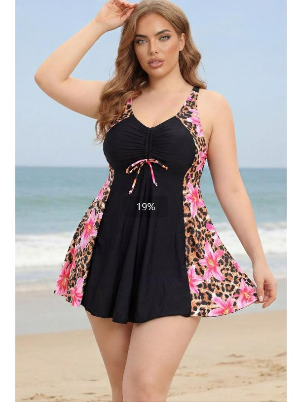 Plus Size Two-Piece Skirt Swimwear: Printed, Tummy Concealing, Slimming Boyshorts, Conservative Style, Ideal for Vacation or Hot Spring.
