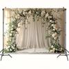 1 arc de nuntă elegant alb suspendat pentru fundal - țesătură romantică din poliester cu trandafiri crem și frunze verzi