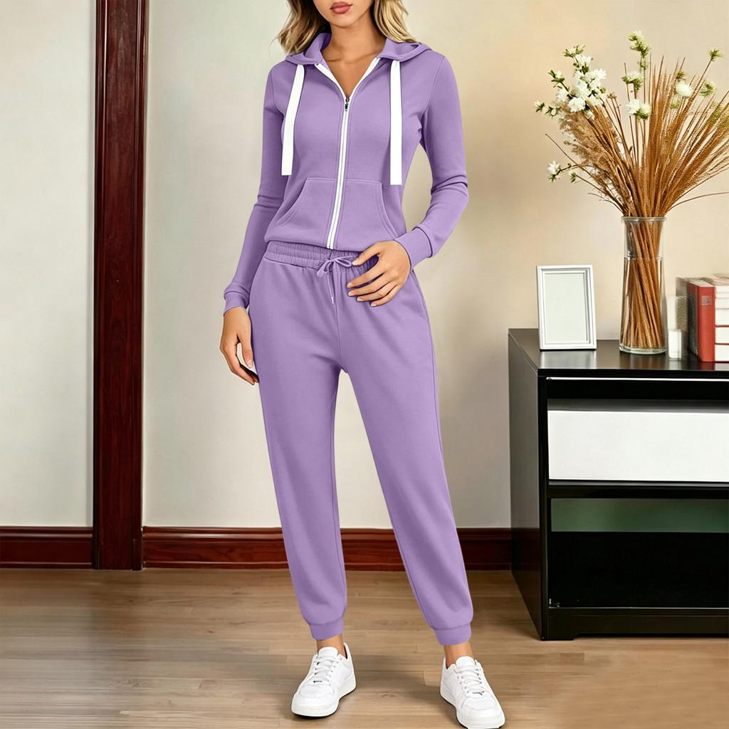 Damski casualowy dres Rozpinana bluza z kapturem na zamek błyskawiczny ze sznurkiem i szerokie spodnie dresowe z otwartym dołem