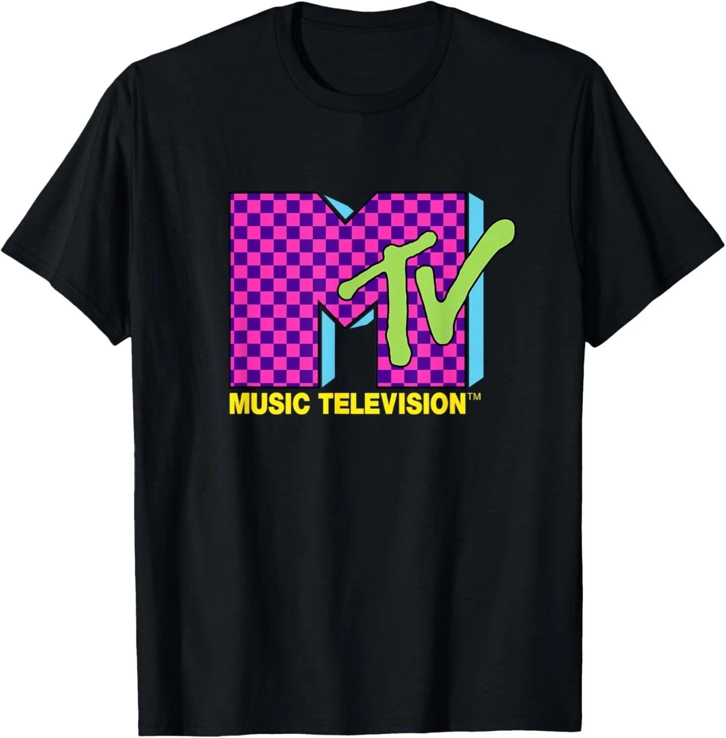 MTV Music Television Retro 80 s Neon Pink Checkerboard Logo 100% Cotton T-shirt Mens Tees Top 4XL