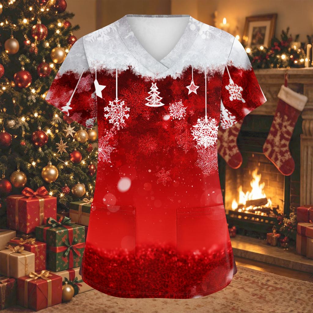 Women's Fashion Christmas Print V-Neck Short Sleeve Caregiver Work Top with Pockets