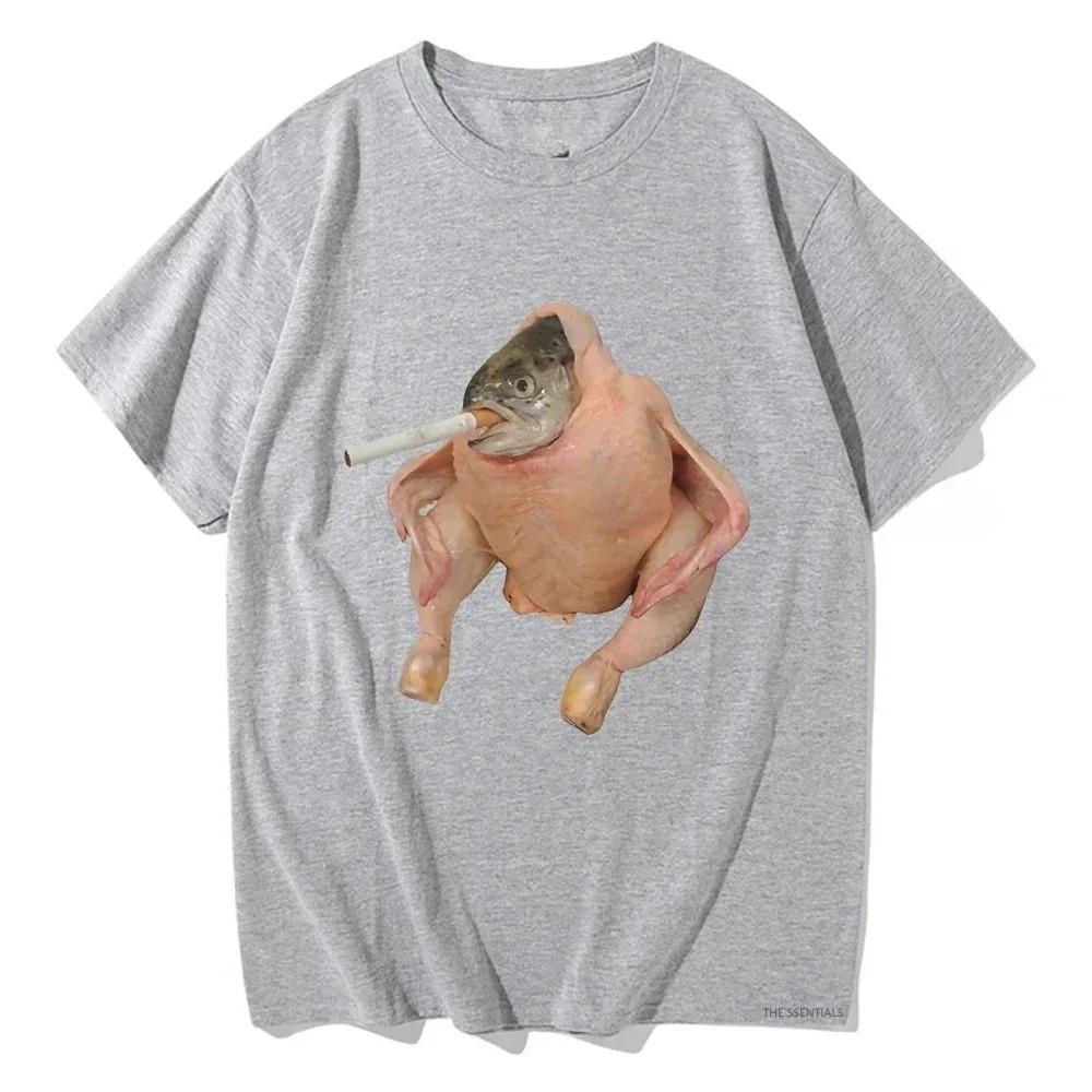 Women Clothing Harajuku Tee Graphic Tee Fish Face Chicken Smoking A Cigarette Meme Top Funny Tee Aesthetic Minimalist Loose Tee