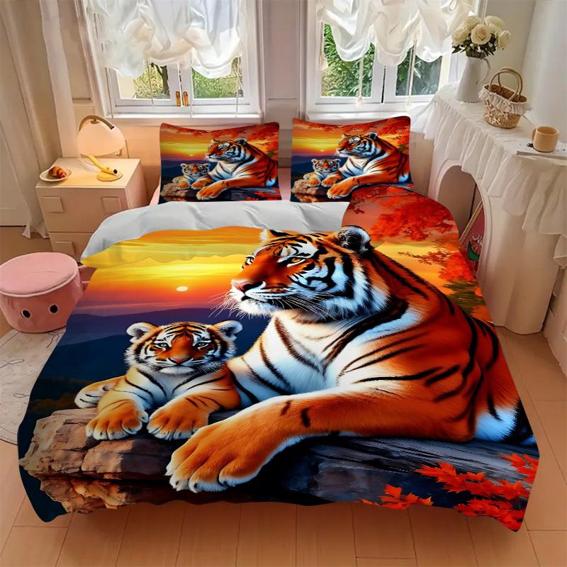 3pcs Tiger Print Bedding Set - 1 Duvet Cover + 2 Pillowcases(Core Not Included), Machine Washable Polyester, All-Season Comfort, Bedroom Dec