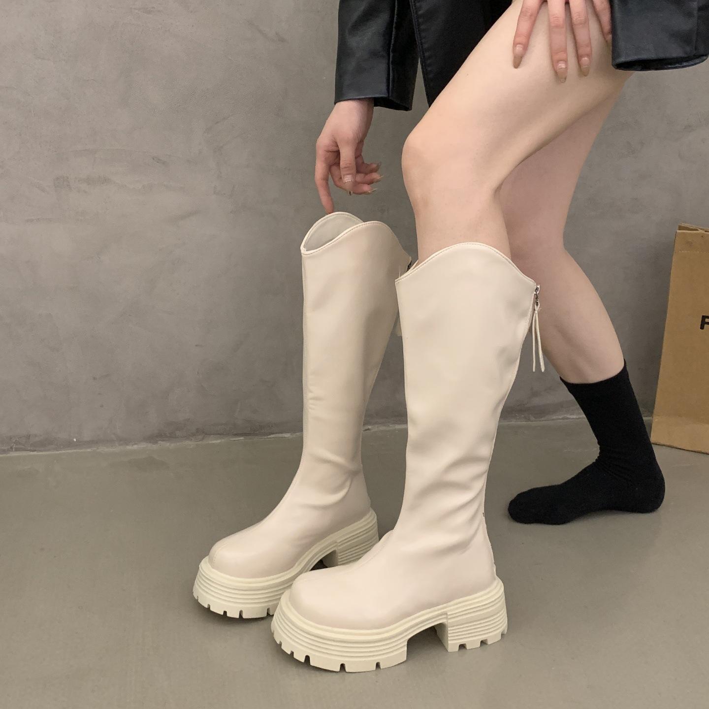 

Маффины на толстой подошве, ботинки-рыцари с тонким голенищем средней длины, женские 2025 осень-зима, новые черные, увеличивающие рост, средней длины 40