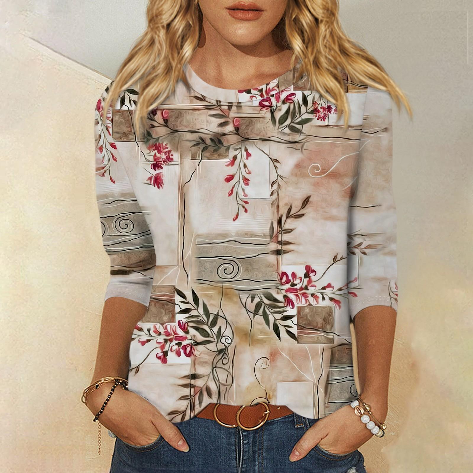 

Рубашки с рукавом 3/4 для женщин, футболки с графическим принтом, блузки, повседневные базовые топы, пуловеры M хаки