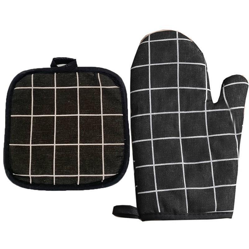 Heat Resistant Oven Gloves With Insulated Pad Set Baking Microwave Kitchen Use Cotton Linen Blend Modern Geometric Design