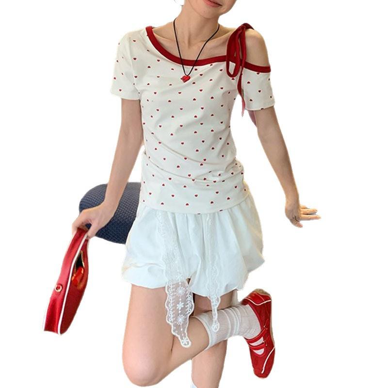 

Love printed white slanted shoulder short-sleeved t-shirt women s summer new strap design slim and thin sweet top S