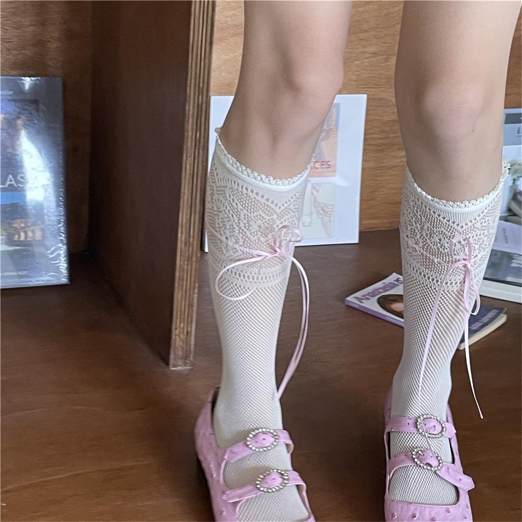 Japanese Style Sweet Hollow-Out Floral Lace Over Calf Long Socks Student Girls Cute Bowknot Frilly Stockings for Women