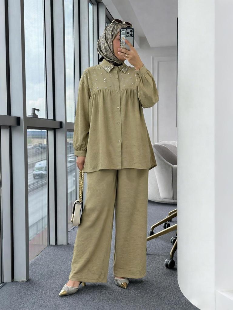 New Arrival: Beaded Long Sleeve Top & Wide Leg Pants Set - Muslim Women's Fashionable Casual Wear